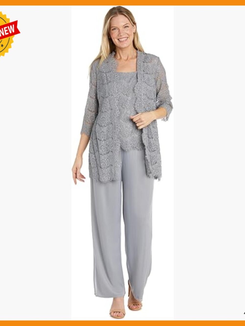 3-Piece Glitter Lace Duster Pantsuit with Scallop Jacket & Wide-Leg Trousers